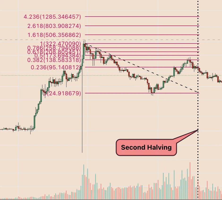 LTC/USD weekly price chart featuring pre-2nd-halving trend. Source: TradingView