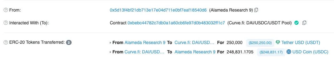 Transaction of Alameda $250,000 on Curve. Source - etherscan.io