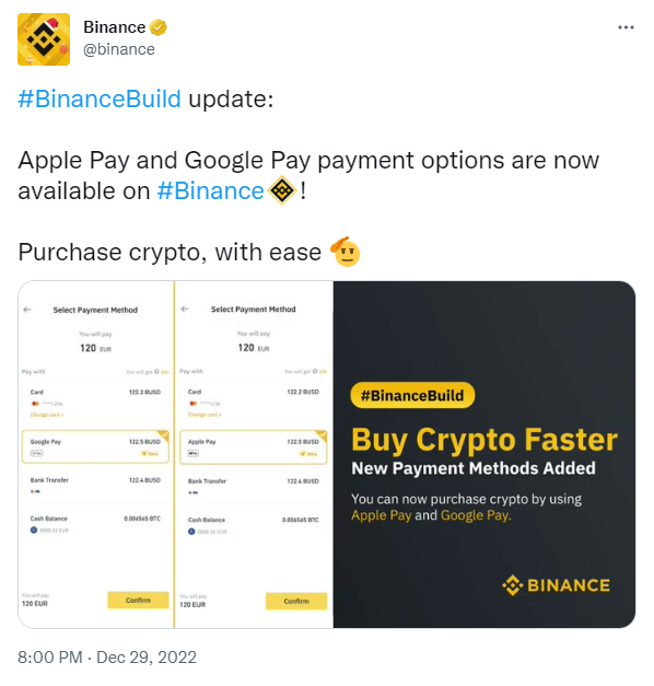 Binance announced Google Pay and Apple Pay payment options 