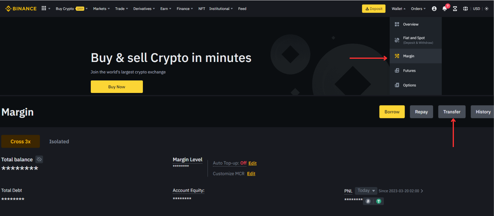 How to short crypto on Binance with margin trading. Step 1