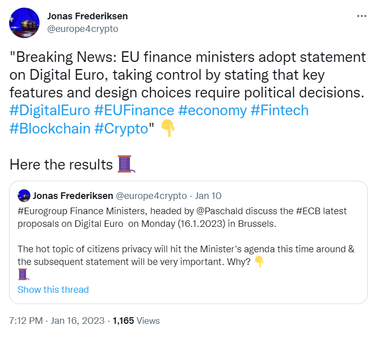 Jonas Frederiksen Tweet on Digital Euro