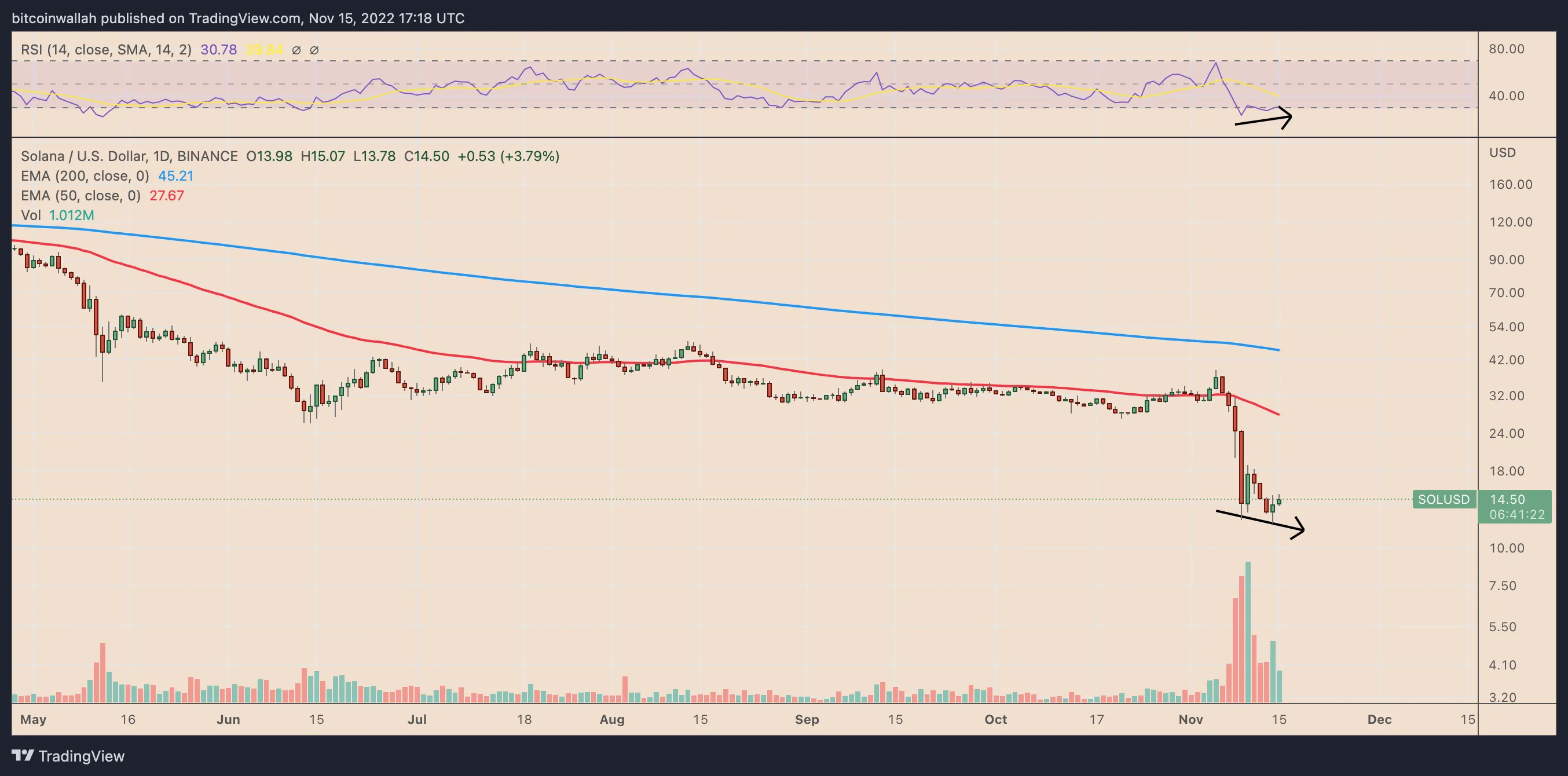 SOL/USD daily price chart featuring bullish divergence. Source: TradingView